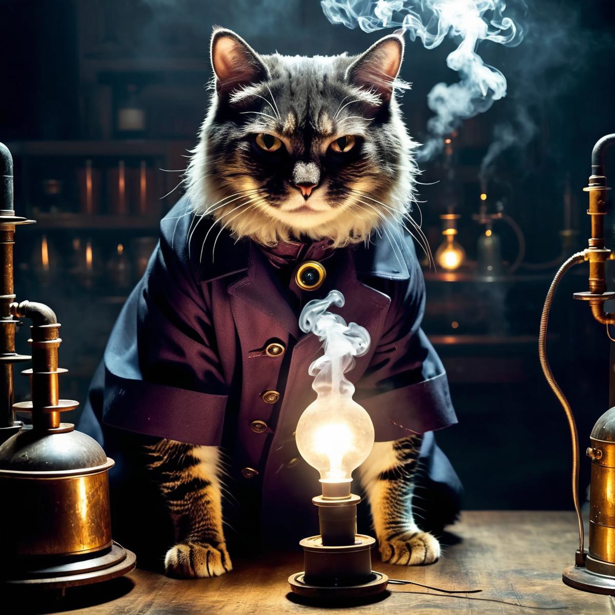 old evil scientist,  (((cat))), psycho, victorian, science coat, ((dark experiments)), smoke, electric sparks, victorian, ...